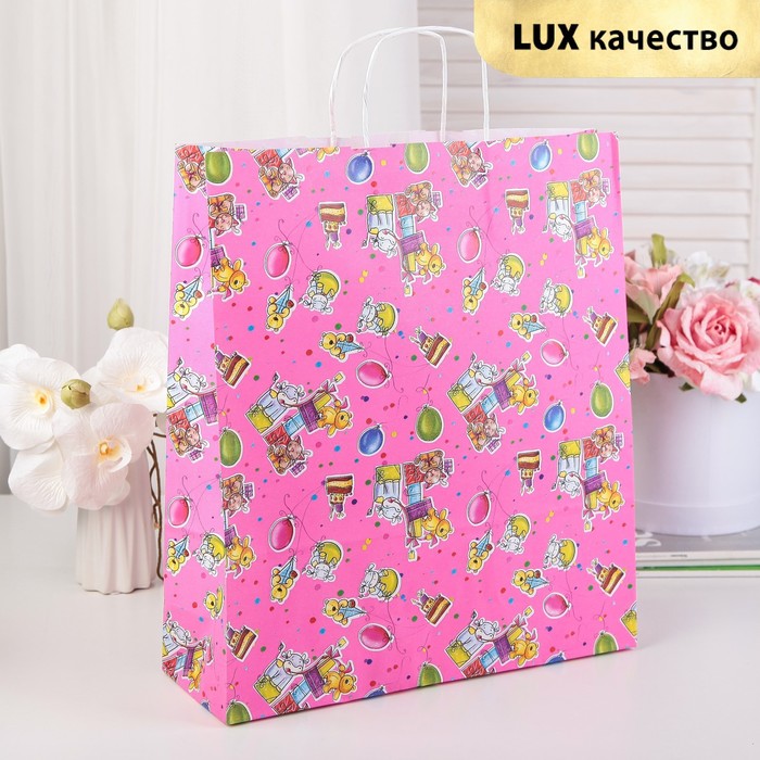 Пакет подарочный, "Мягкие игрушки", розовый, 41 х 36 х 12 см