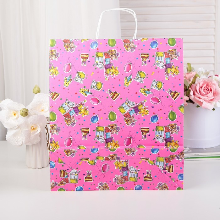 Пакет подарочный, "Мягкие игрушки", розовый, 41 х 36 х 12 см