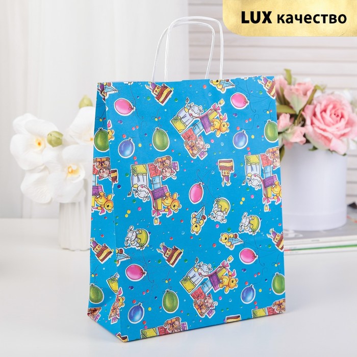 Пакет подарочный, "Мягкие игрушки", синий, 31 х 24 х 10 см