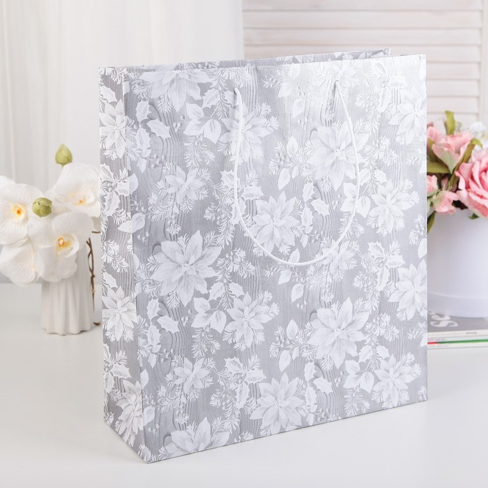 Пакет подарочный, "Зимние цветы", серебро, 41 х 36 х 12 см