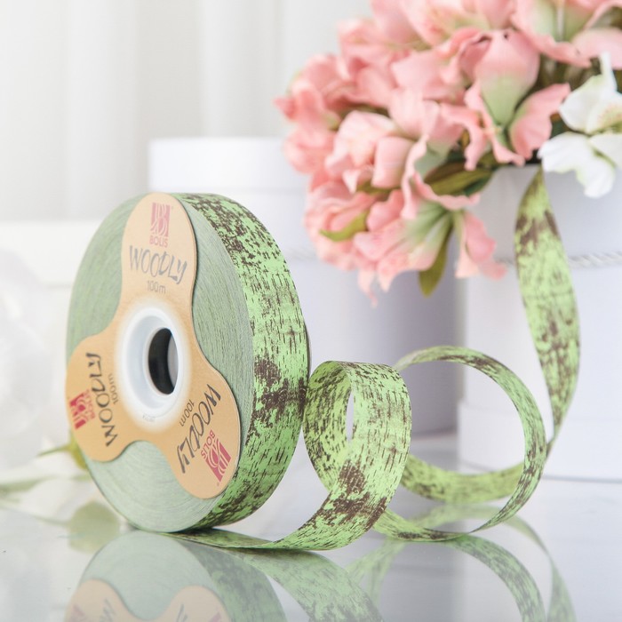 Лента декоративная, WOODLY CORTECCIA, двусторонняя, салатовая, 24 мм х 100 м