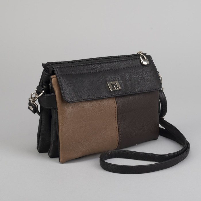 Сумка женская, 5 отделов на молниях, наружный карман, регулируемый ремень, цвет чёрный/коричневый