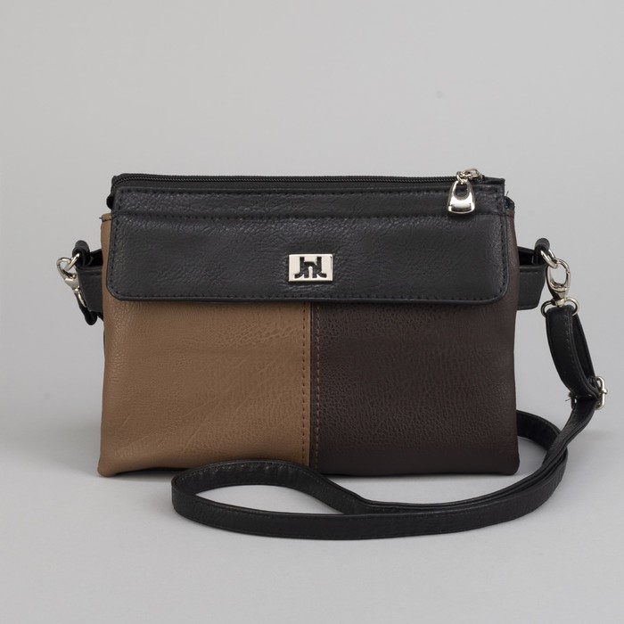 Сумка женская, 5 отделов на молниях, наружный карман, регулируемый ремень, цвет чёрный/коричневый