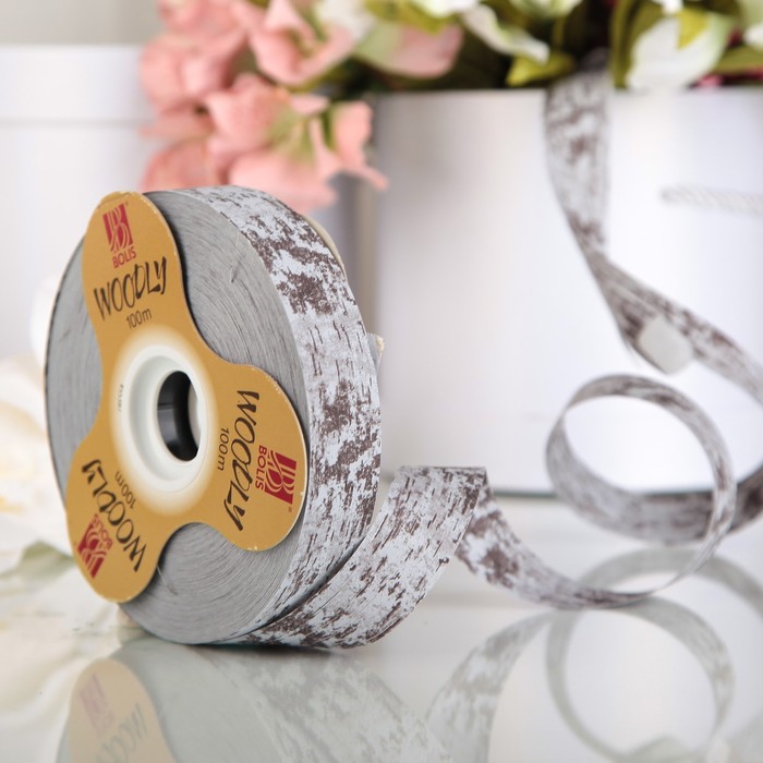 Лента декоративная, WOODLY CORTECCIA, двусторонняя, светло-серая, 24 мм х 100 м
