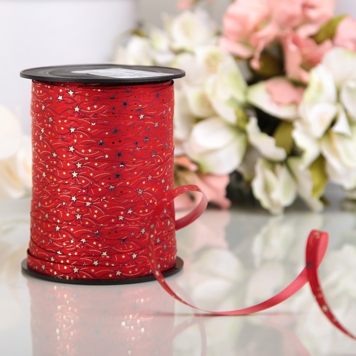 Лента декоративная, "Звезды", металлизированная, красная, 7 мм х 250 м