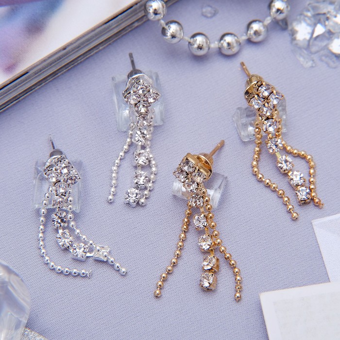 Серьги со стразами "Грация" нити малые, цает МИКС