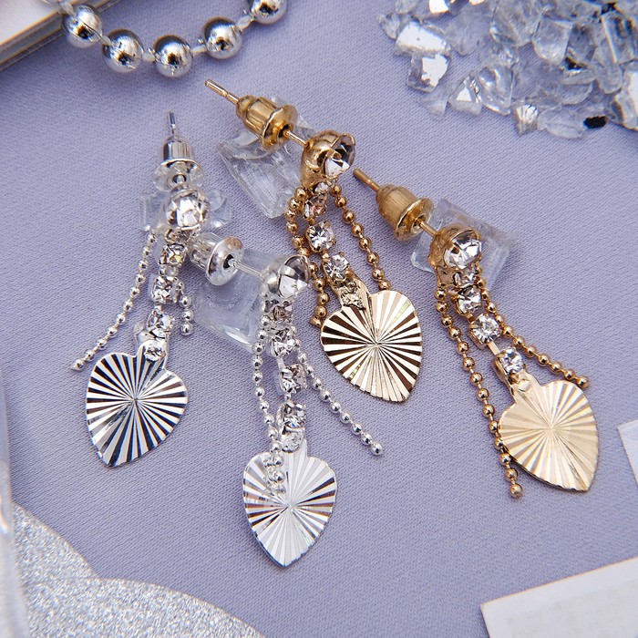 Серьги со стразами "Грация" дорожка с сердечком, цвет МИКС