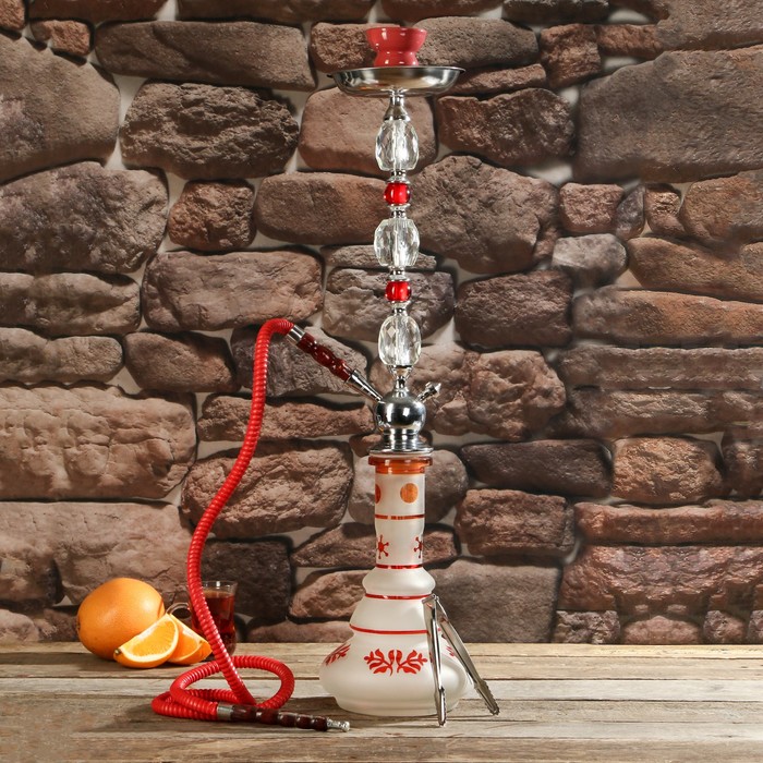 Кальян 74см 1тр, колба плоская красно-белая матовая, вставки на шахте хрусталь 2кр, 18х64 см 36141