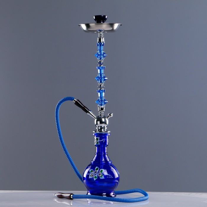 Кальян 70см 1тр, колба ваза синяя с цветами, вставки на шахте акрил 3кр синие, 15х67 см