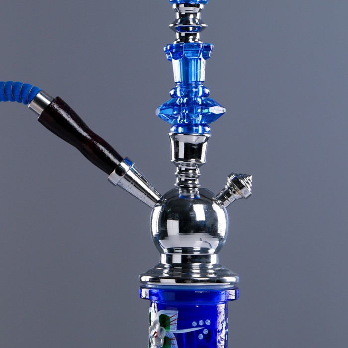 Кальян 70см 1тр, колба ваза синяя с цветами, вставки на шахте акрил 3кр синие, 15х67 см