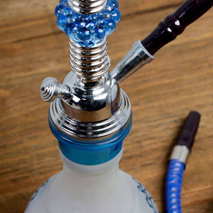 Кальян 44см 1тр, колба ваза белая матовая, вставки на шахте акрил 2кр синие, 12х40 см