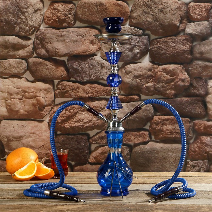 Кальян 49см 2тр, колба ваза синяя, вставки на шахте хрусталь 3шт синие, 12х49 см
