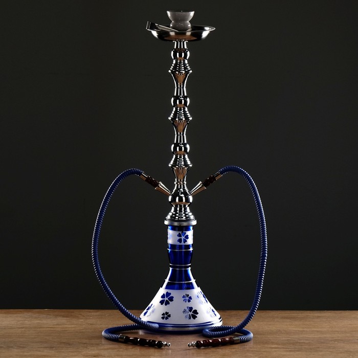 Кальян 68см 1тр, колба синяя с золотистым рисунком, шахта хром, 16х68 см