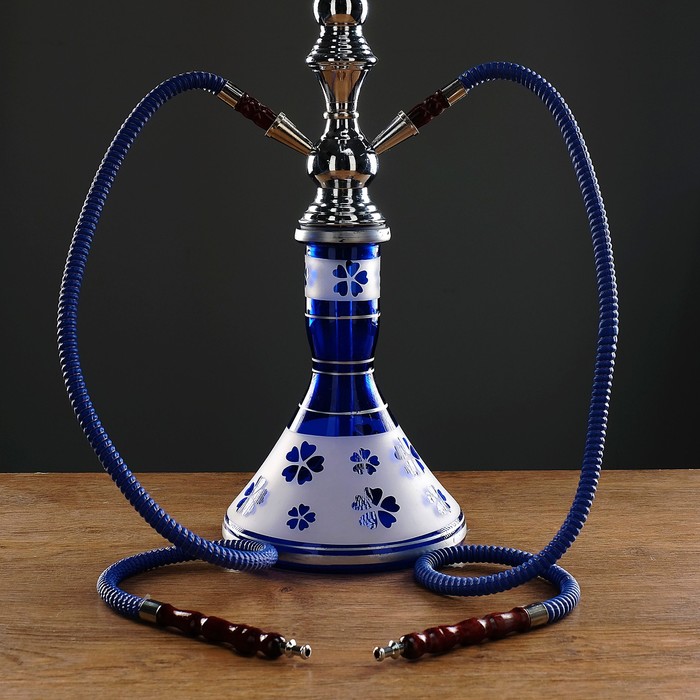 Кальян 68см 1тр, колба синяя с золотистым рисунком, шахта хром, 16х68 см