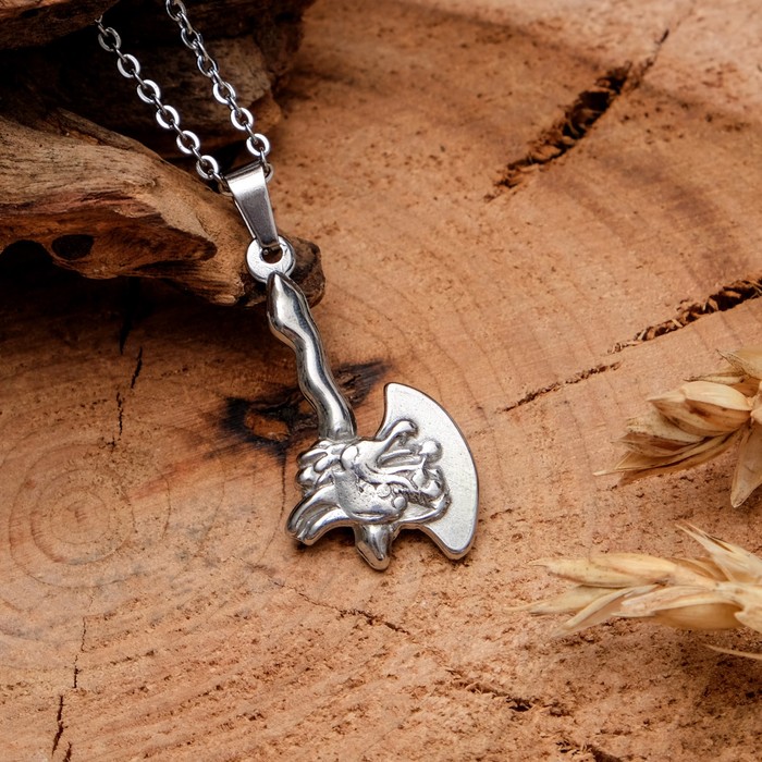 Кулон мужской "Стальной" секира с драконом, цвет серебро, 45 см