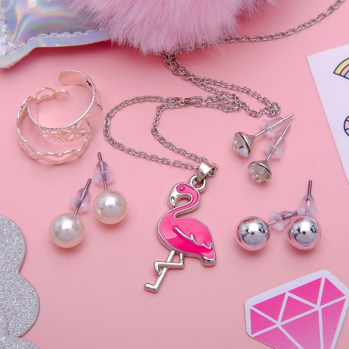 Гарнитур 6 предм: 3 пары пуссет, кулон 2 кольца "Фламинго", цвет розовый в серебре, 45 см
