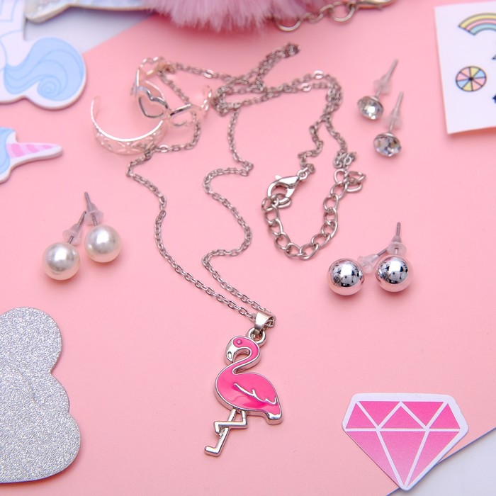 Гарнитур 6 предм: 3 пары пуссет, кулон 2 кольца "Фламинго", цвет розовый в серебре, 45 см