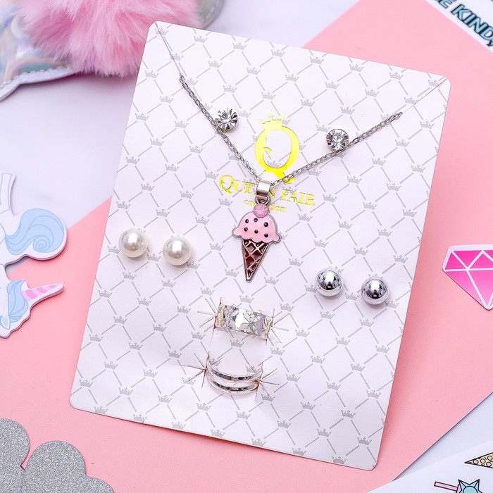 Гарнитур 6 предм: 3 пары пуссет, кулон 2 кольца "Мороженое", цвет розовый в серебре, 45 см