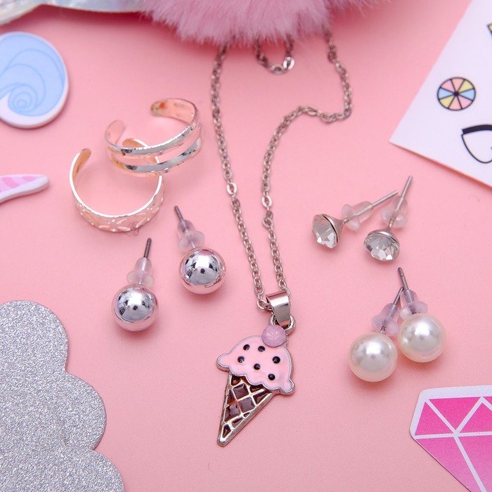 Гарнитур 6 предм: 3 пары пуссет, кулон 2 кольца "Мороженое", цвет розовый в серебре, 45 см