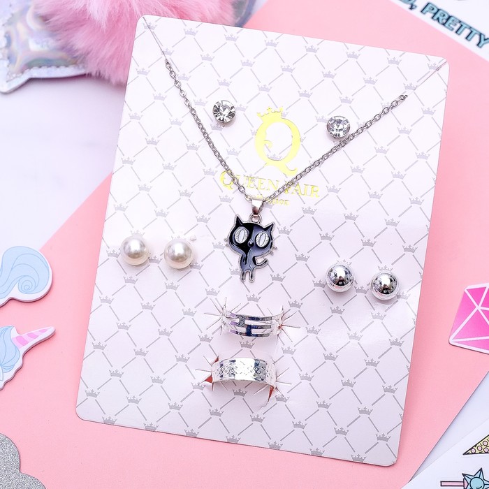 Гарнитур 6 предм: 3 пары пуссет, кулон 2 кольца "Котик", цвет чёрный в серебре, 45см