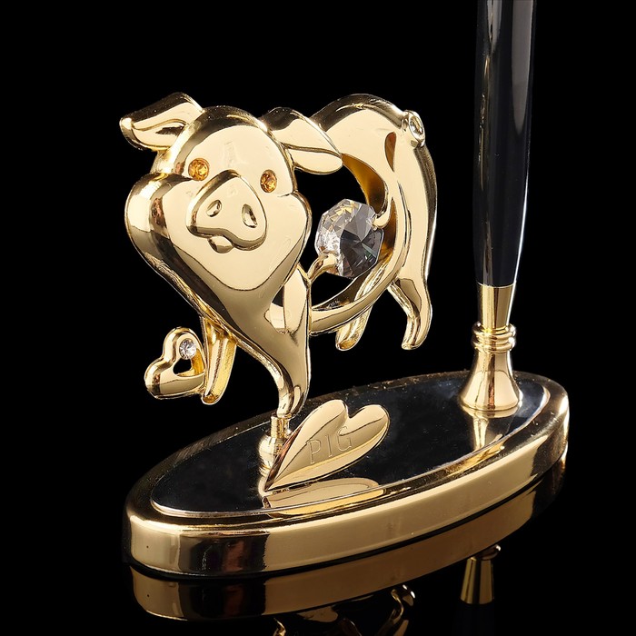 Ручка на подставке «Свинка с средечком», 4×8×10 см, с кристаллами Сваровски