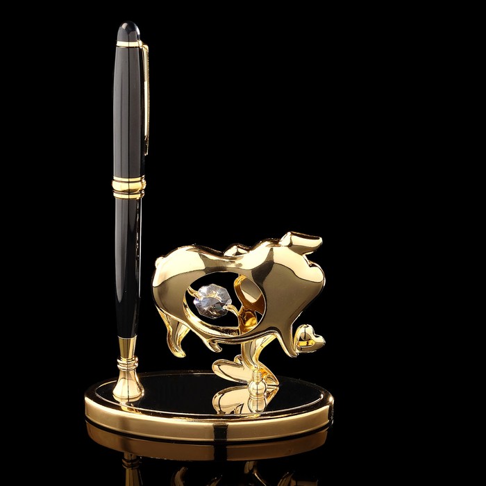 Ручка на подставке «Свинка с средечком», 4×8×10 см, с кристаллами Сваровски