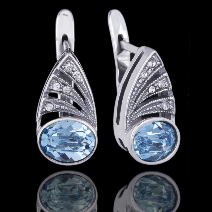 Серьги "Шторм", цвет голубой в чернёном серебре
