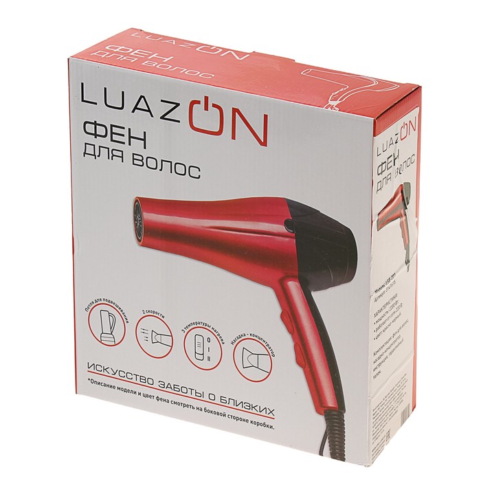 Фен для волос Luazon LGE-001, 2200Вт, 2 скорости, 3 температурных режима, красно-чёрный