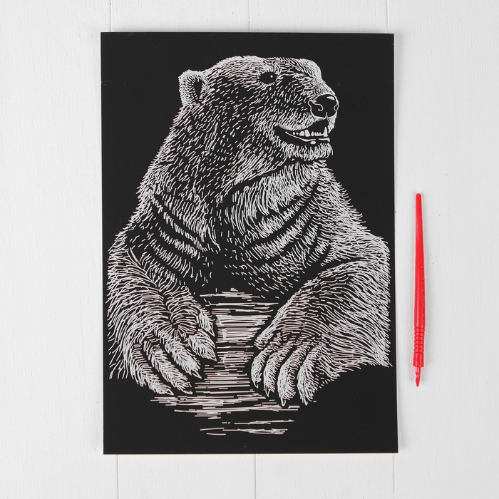 Гравюра "Белый мишка" с металлическим эффектом серебра А4 + штихель