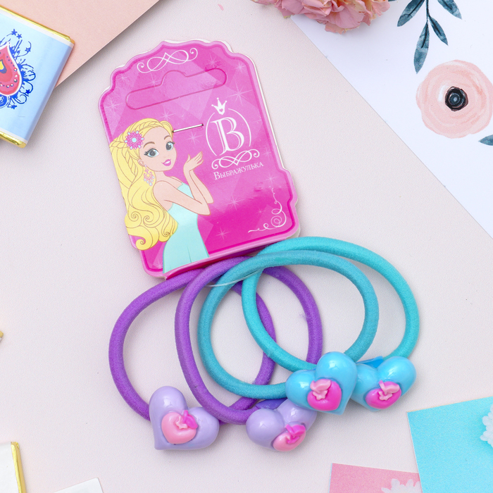 Резинка для волос "Нежность" сердечки (цена за штуку) сиреневый, бирюзовый