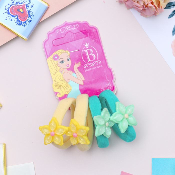 Резинка для волос "Росинки" лилии (цена за штуку) бирюзовый, жёлтый