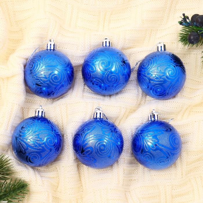 Набор шаров пластик 6 шт d-6 см"Синий иней" узор