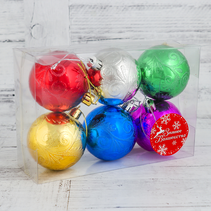 Набор шаров пластик 6 шт d-6 см "Морозная зима" кружева, микс