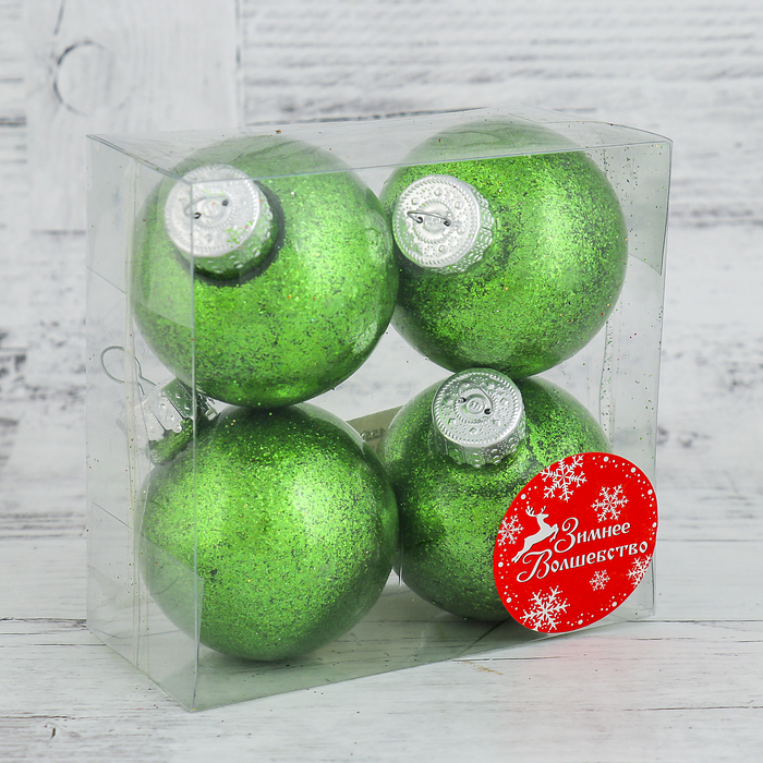 Набор шаров пластик 4 шт d-6 см "Блестки" зеленый