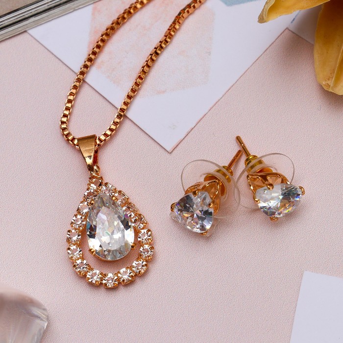 Гарнитур 2 предмета: серьги, кулон "Циркон" изыск, капля, цвет белый в золоте, 45 см