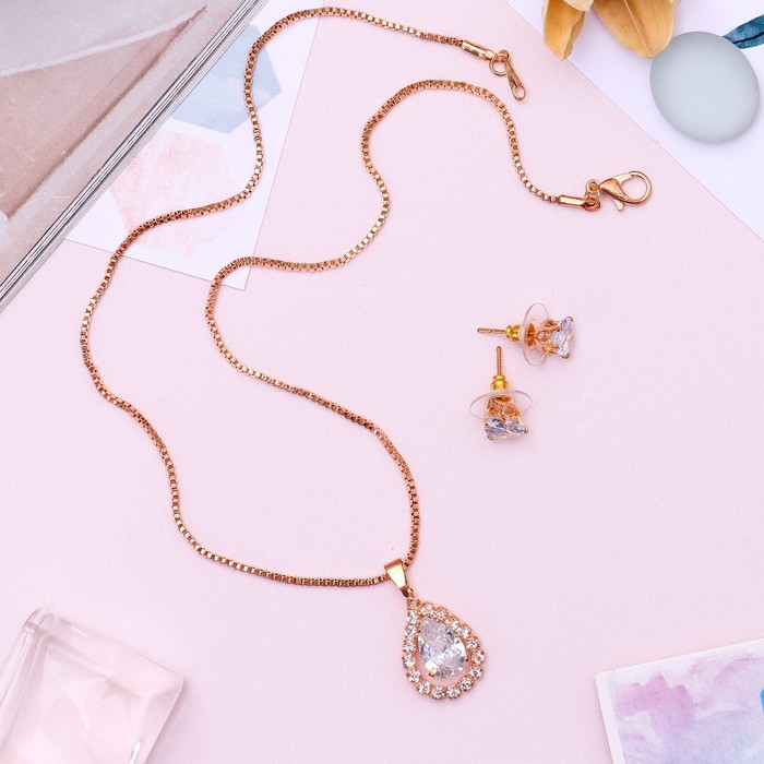 Гарнитур 2 предмета: серьги, кулон "Циркон" изыск, капля, цвет белый в золоте, 45 см