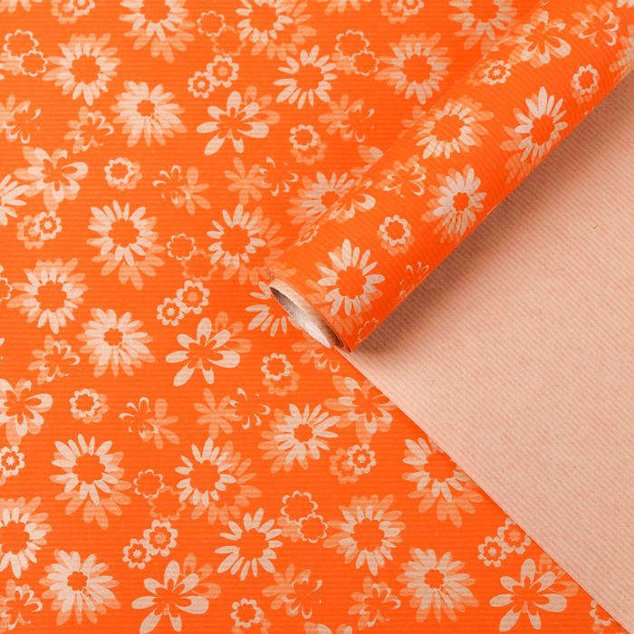Бумага для декорирования крафт, "Цветы на оранжевом", 0,7 х 10 м