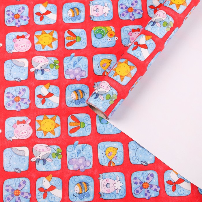 Бумага для декорирования, "Весёлые зверята", красная, 0,7 х 10 м