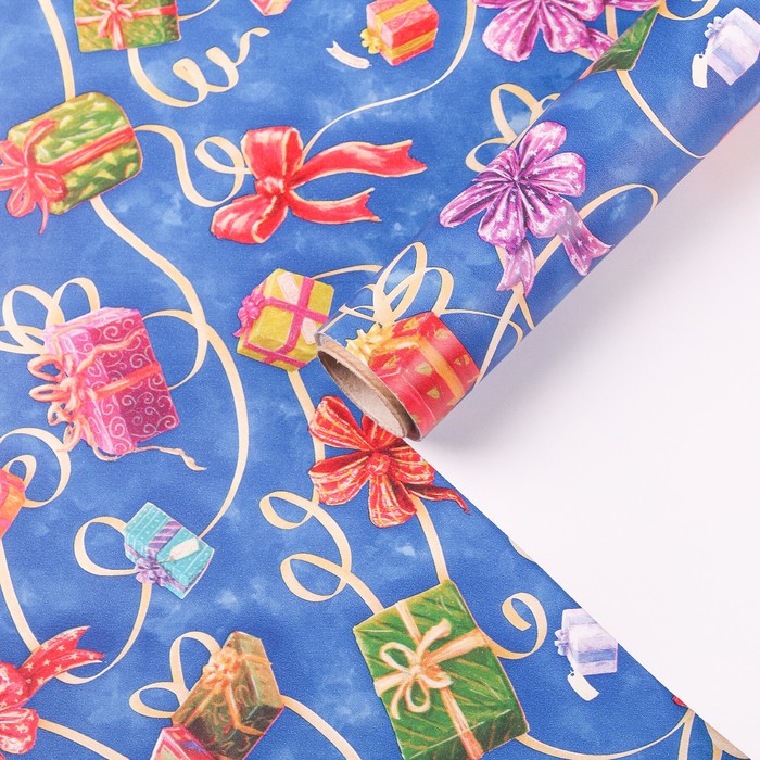 Бумага для декорирования, "Новогодние подарки", синяя, 0,7 х 10 м