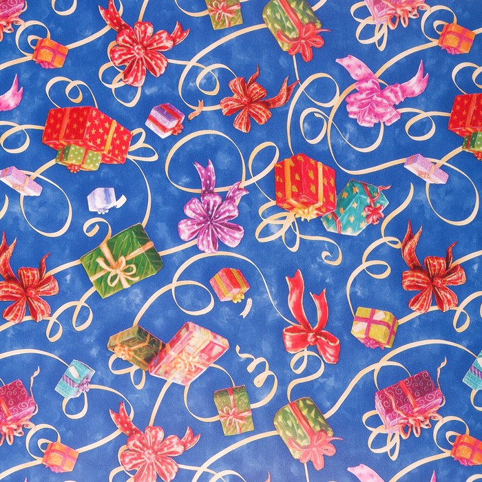 Бумага для декорирования, "Новогодние подарки", синяя, 0,7 х 10 м