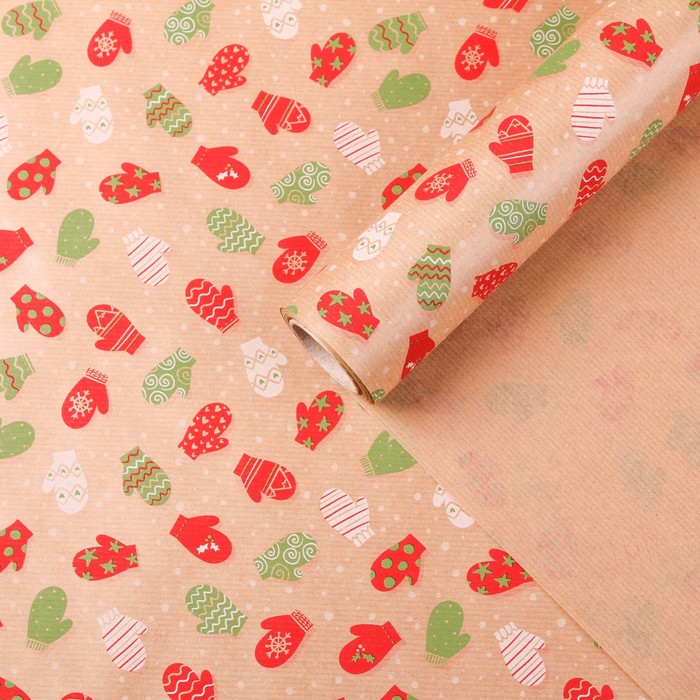 Бумага для декорирования крафт, "Рукавички красные", 0,7 х 10 м