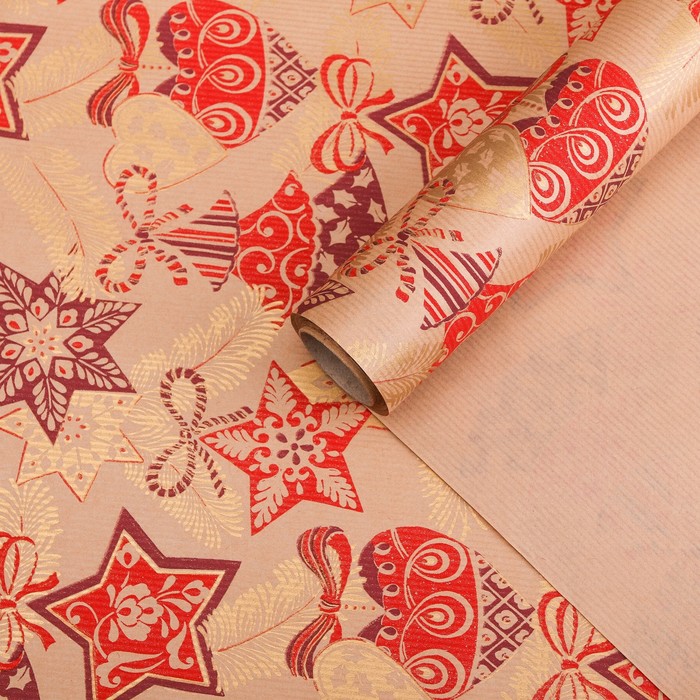Бумага для декорирования крафт, "Игрушки на ёлке с золотом", 0,7 х 10 м