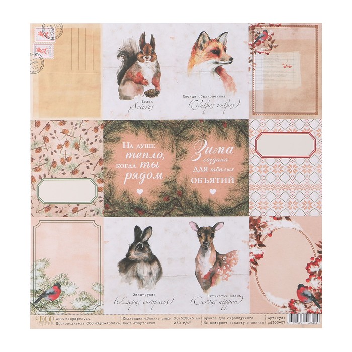 Бумага для скрапбукинга "Карточки "Зимние сны" 30.5х30.5 см, 250 гр/м2