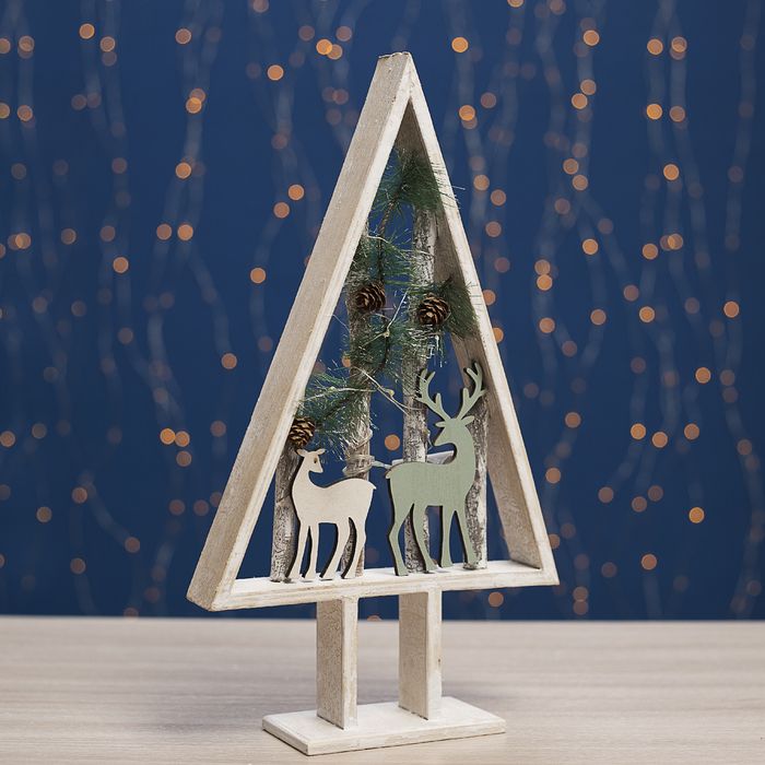 Фигура деревянная "Ёлка Веточки и Олени", 40х22х4 см, 2*AAА (не в компл.) 8 LED