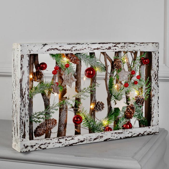 Фигура деревянная "Панно Ветки и Шишки", 40х25х5 см, 2*AAА (не в компл.) 10 LED