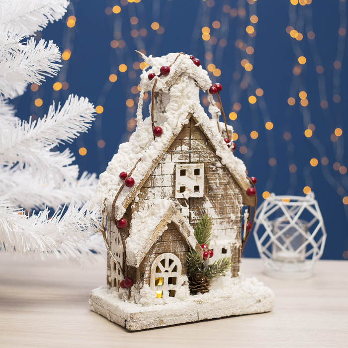 Фигура деревянная "Домик в снегу", 32х22х12 см, 2*AА (не в компл.) 10 LED, белый