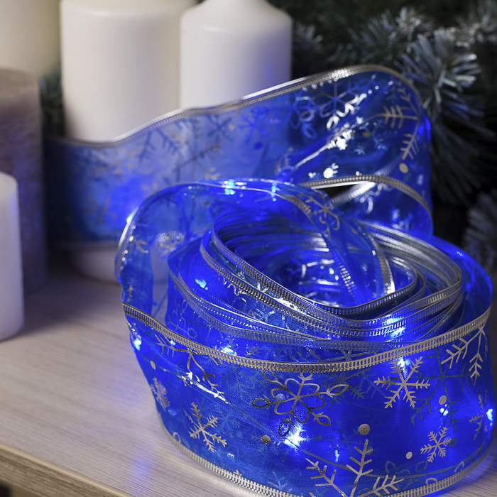 НИТЬ Лента "Снежинки серебристые" 10 м, ширина 6 см, LED(роса)-100-USB, фиксинг, СИНИЙ