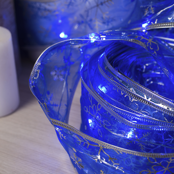 НИТЬ Лента "Снежинки серебристые" 10 м, ширина 6 см, LED(роса)-100-USB, фиксинг, СИНИЙ