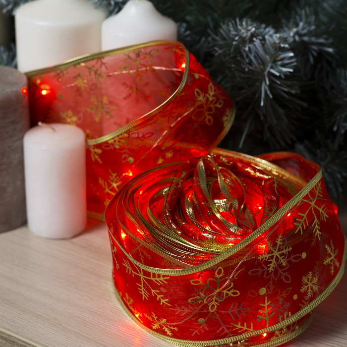 НИТЬ Лента "Снежинки золотистые" 10 м, ширина 6 см, LED(роса)-100-USB, фиксинг, КРАСНЫЙ