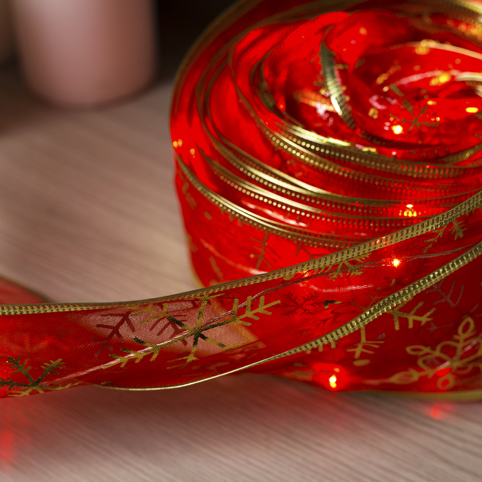 НИТЬ Лента "Снежинки золотистые" 10 м, ширина 6 см, LED(роса)-100-USB, фиксинг, КРАСНЫЙ